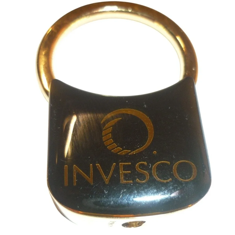 Invesco Corporate Logo Gold Tone Black Enamel Padlock Shape Keychain Key Ring